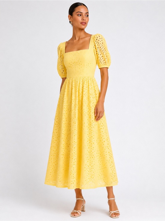 CeCe Dresses & Skirts - CeCe Eyelet Cotton Midi Dress Square Neck Smocked Puff Sleeve Yellow Small NWT